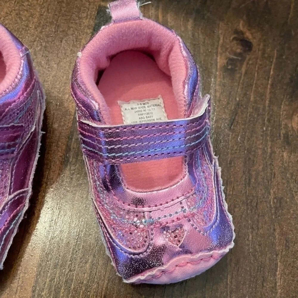 Baby Mary Jane‎ Crib Shoes Kids 3-6M Pink Metallic Glitter Heart Casual Cute